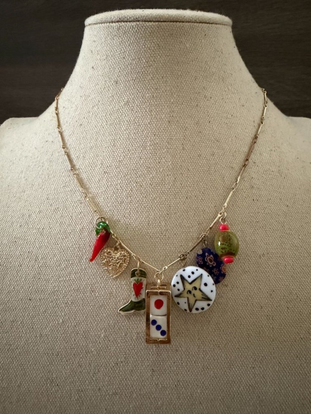 Atterri Roll the Dice Lucky Charms Ceramic Gold Tone Statement Necklace 17"-20"